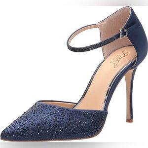 Jewel Badgley Mischka Jailene Ankle Strap Stiletto Size 8 Navy Satin